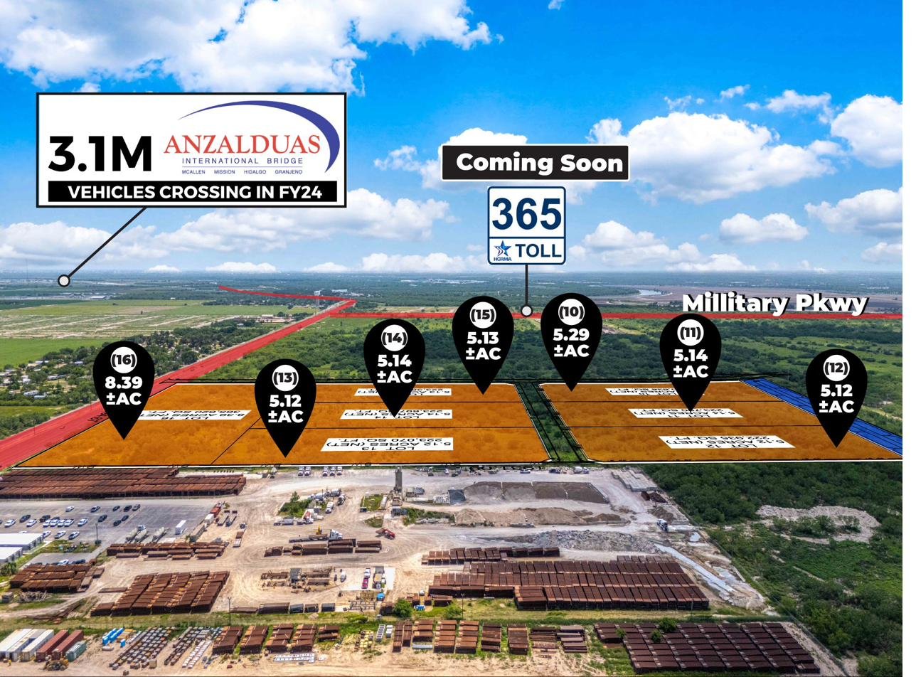 Aerial drone view of Cluster A from the south side, with all seven lots tagged by acreage, an Anzalduas International Bridge callout showing 3.1 million vehicles crossing in fiscal year 2024, and the future SH 365 Toll Coming Soon badge