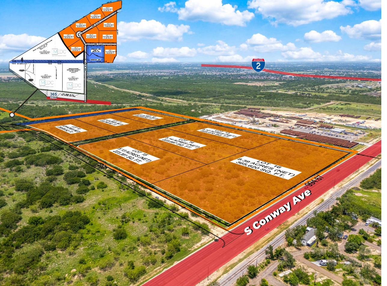 Aerial drone view of Cluster A from the northeast perspective with the full park diagram in inset and Interstate 2 highlighted on the horizon