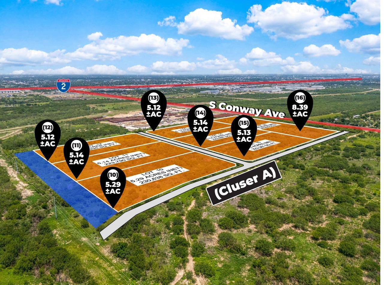 Aerial drone view of Cluster A from the south side showing all seven lots tagged with acreage from Lot 10 (5.29 ac) through Lot 16 (8.39 ac), with S. Conway Avenue at the top edge and Interstate 2 visible on the horizon
