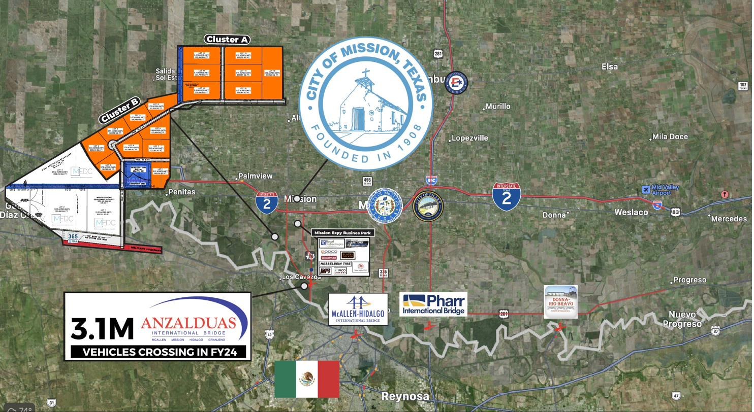 Aerial regional map showing Mission Trade Center's position relative to the four Rio Grande Valley international bridges and the I-2 corridor