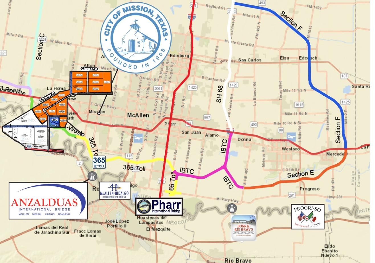 Regional infrastructure map showing Mission Trade Center's position relative to the future SH 365 Toll corridor, the planned IBTC ring road, and the five Rio Grande Valley international bridges including Anzalduas, McAllen-Hidalgo, Pharr, Donna-Rio Bravo, and Progreso