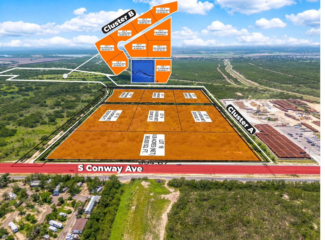Aerial drone view showing Lot 16 along S. Conway Avenue as the southernmost and largest lot in Cluster A, with the rest of Cluster A visible to the north and Cluster B visible in the inset