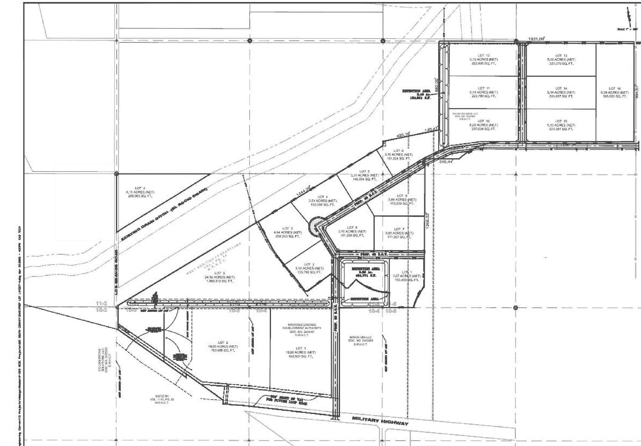 Mission Trade Center master plan exhibit prepared by M2 Engineering, PLLC, dated April 29, 2026, showing 16 inventory lots in two clusters and 54.32 acres of MEDA-contracted parcels along the southern boundary