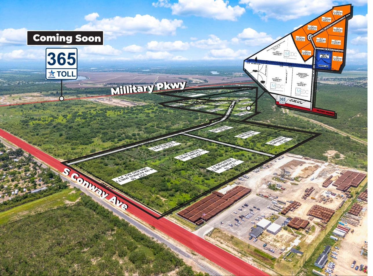 Aerial drone view of Mission Trade Center showing the full park outline with all 16 inventory lots traced on the ground, the MEDC-consolidated 54.32 acres in the inset, the SH 365 Toll Coming Soon badge, S. Conway Avenue and Military Highway as primary frontages, and the active industrial neighbor along the eastern edge