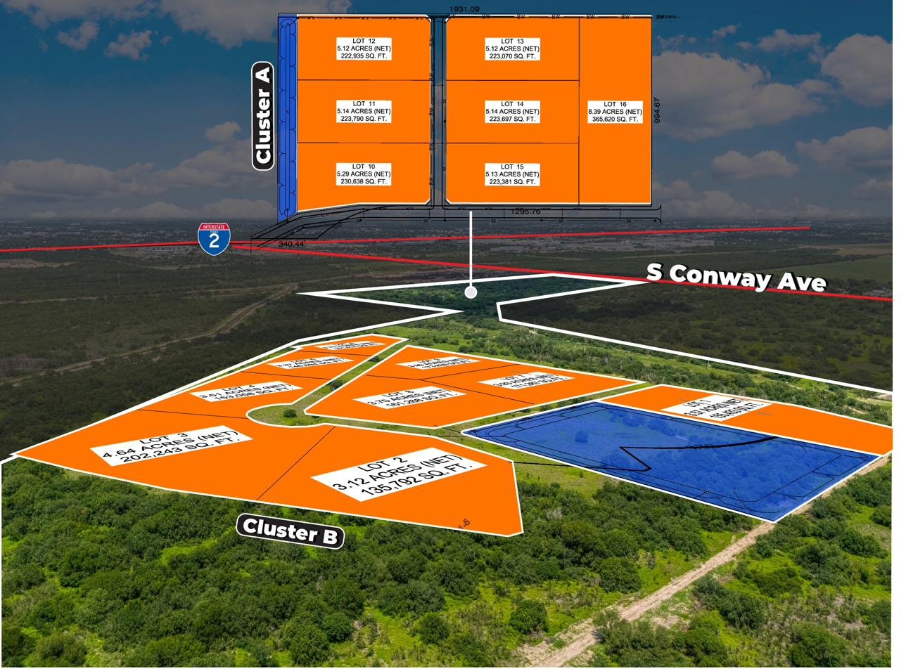 Aerial drone view of Mission Trade Center showing Cluster A (Lots 10–16) along S. Conway Avenue with Cluster B (Lots 1–9) around the central cul-de-sac, with the I-2 corridor visible in the distance