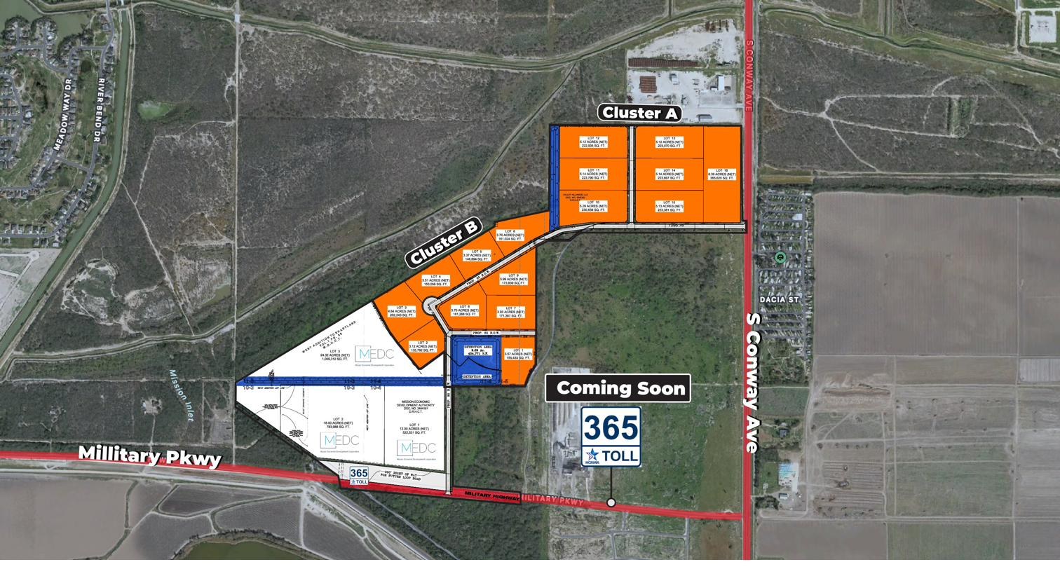 Aerial satellite view of Mission Trade Center showing all 16 inventory lots in Cluster A and Cluster B, the MEDC-consolidated parcels at the southern edge, and the future SH 365 Toll corridor at the Military Parkway intersection